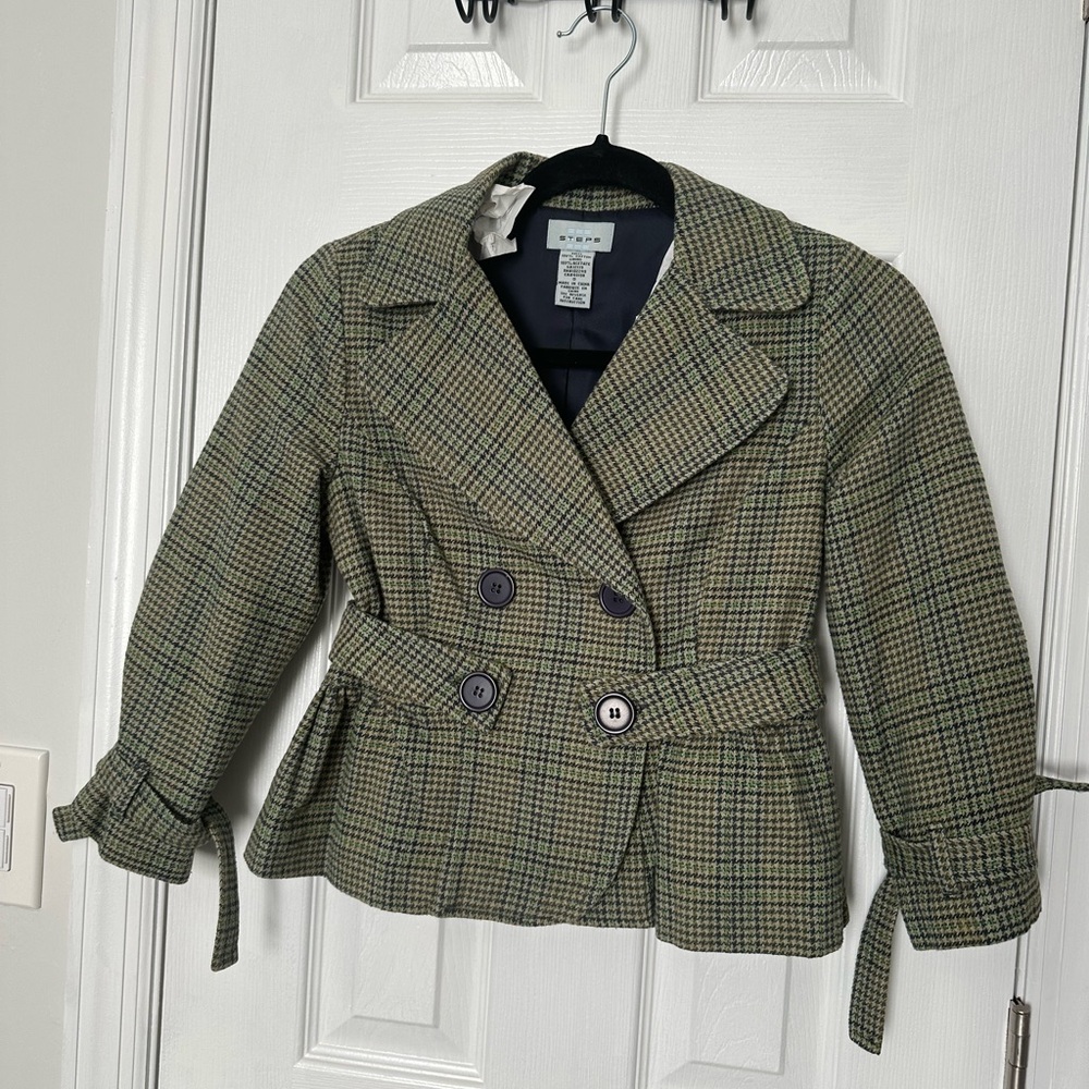 Olive Green Cropped Blazer Jacket with Plaid Pattern